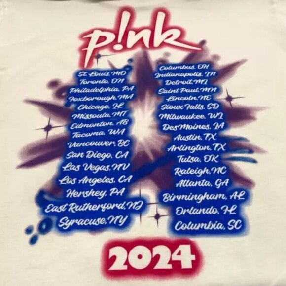 P!nk 2024 Concert Shirt Adult Medium White Short Sleeve T-Shirt Multi Color Logo - Picture 11 of 12